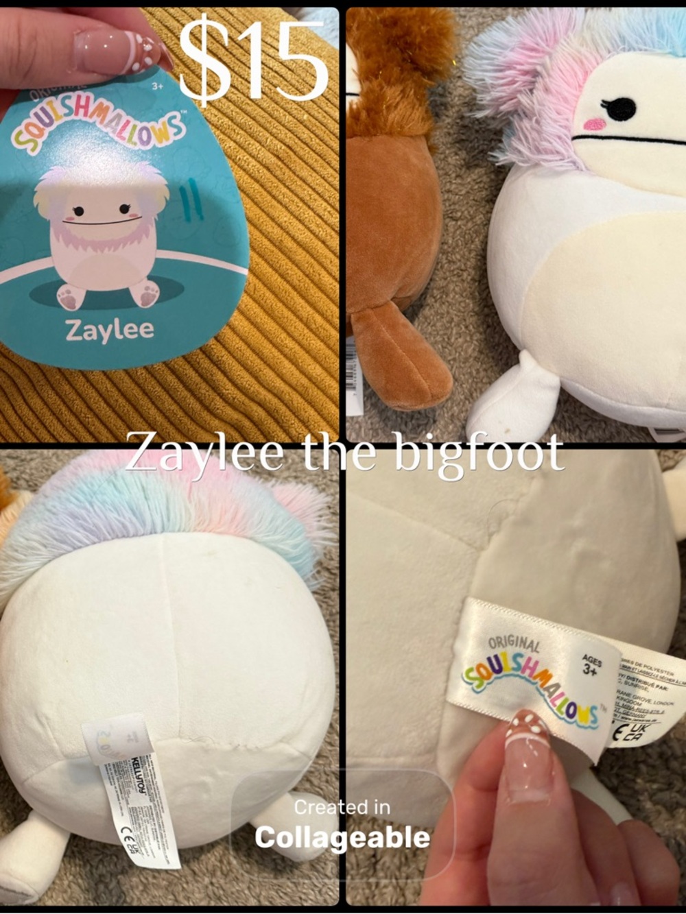 Squishmallows Zaylee Pastel Rainbow Bigfoot Plush - White, Pink, Blue, Purple